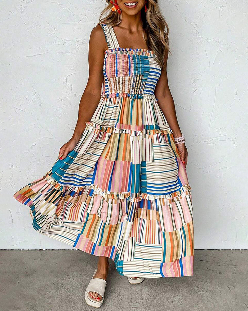 Strappy Striped Color Block Tiered Dress