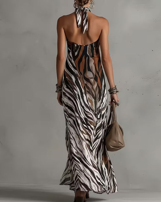 Zebra Halter Slit Long Dresses