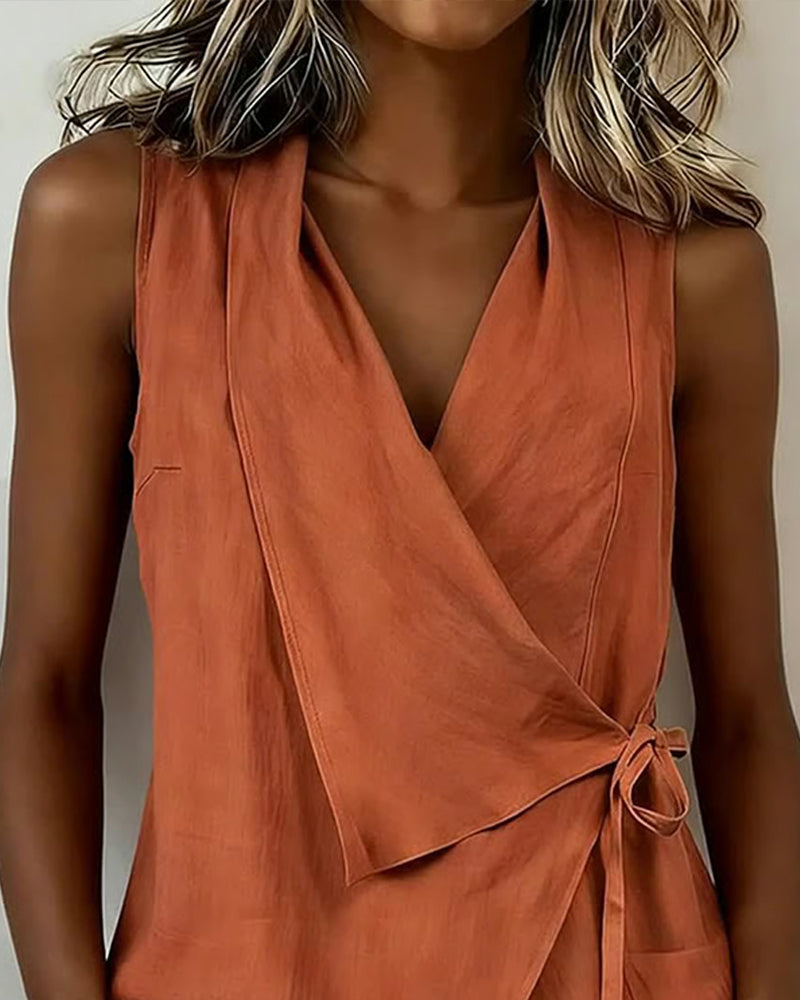 Crisscross Tie Cotton Linen Solid Tank Top