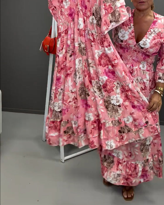Deep V Double Layer Ruffle Floral  Dress
