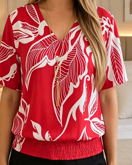 Floral Print Elastic Hem Short Sleeve Blouse