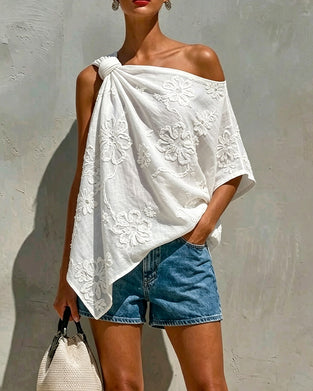Three-Dimensional Flower One-Shoulder Blouse