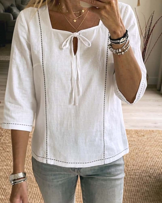 Square Neck Tie Hollow Out Blouse