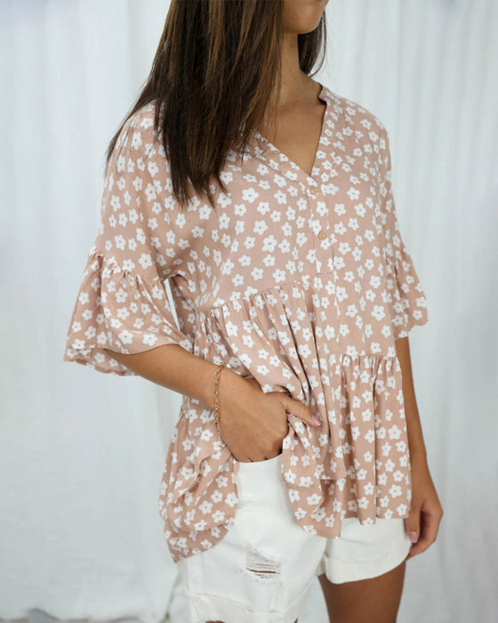 V-neck trumpet sleeves floral blouse