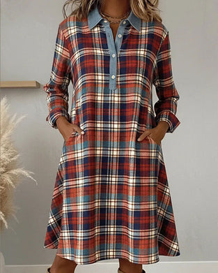 Lapel Collar Button Pocket Plaid Spliced Dress