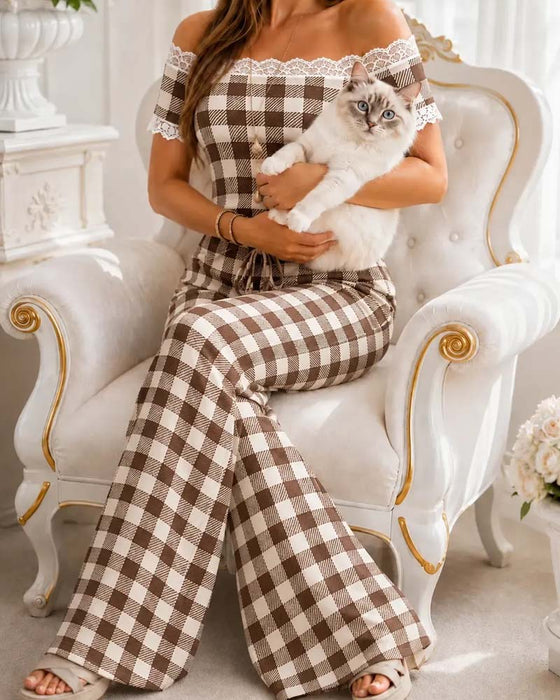 Off-Shoulder Lace Trim Stripe Wide Leg Pants Set