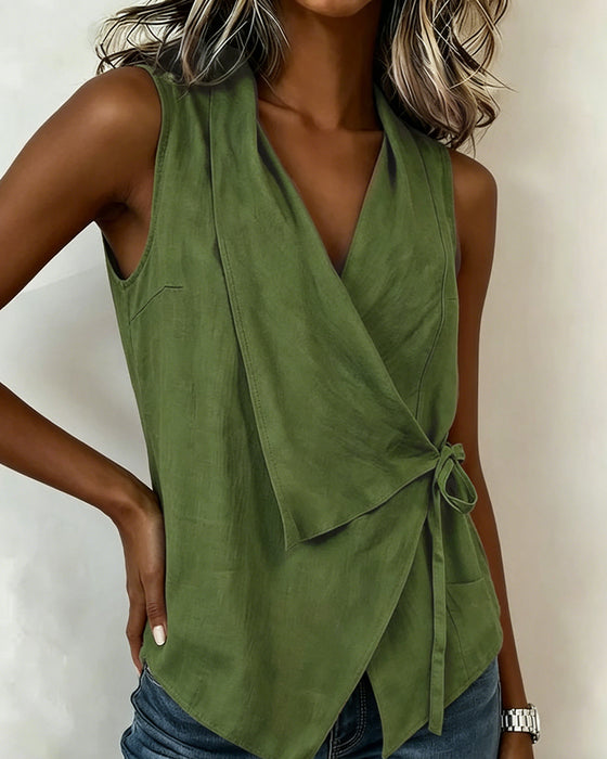 Crisscross Tie Cotton Linen Solid Tank Top