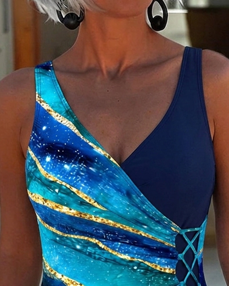 Asymmetrical Patchwork Tie V-Neck One Piece