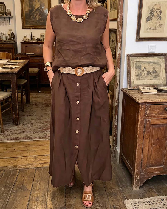 Crew Neck Sleeveless Button Set