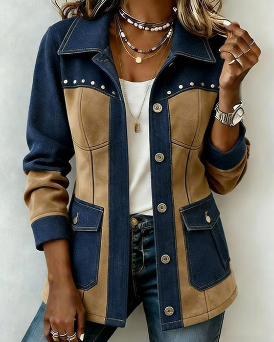Hooded Zipper Pocket Denim Panel Coat