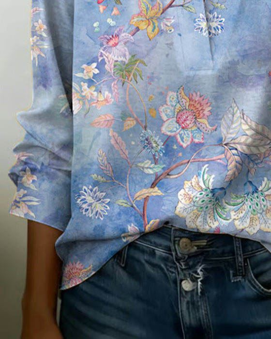 Stand-Up Collar Long-Sleeved Floral Blouse
