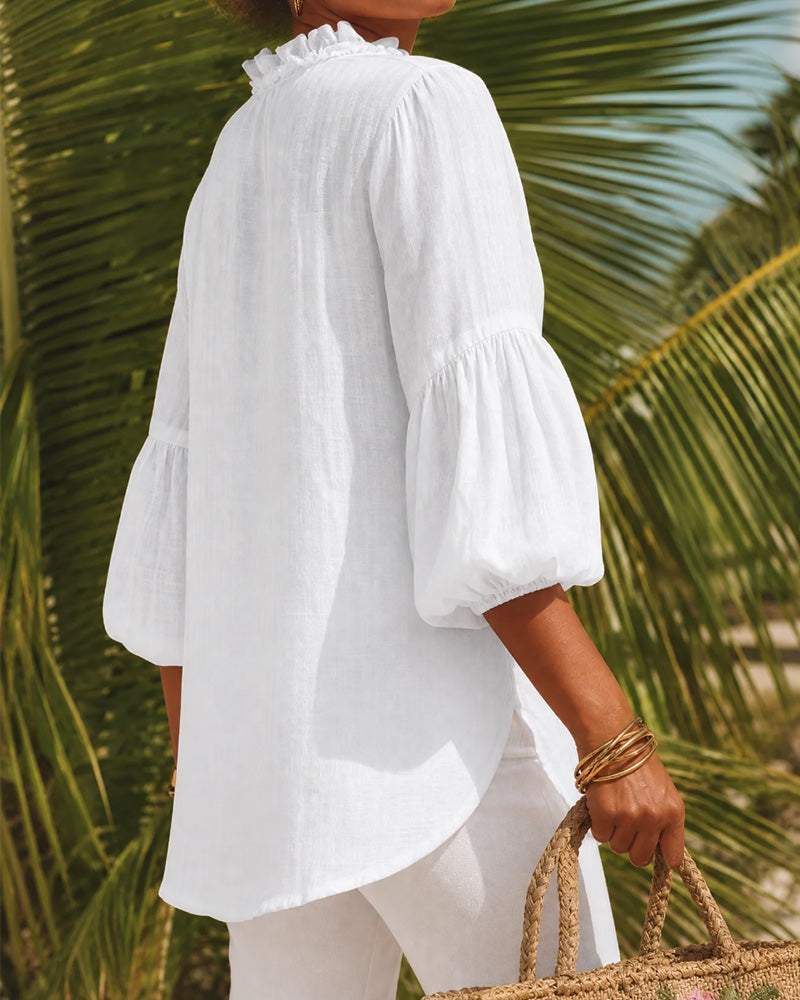 Ruffle Edge Puff Sleeve V-Neck Blouse