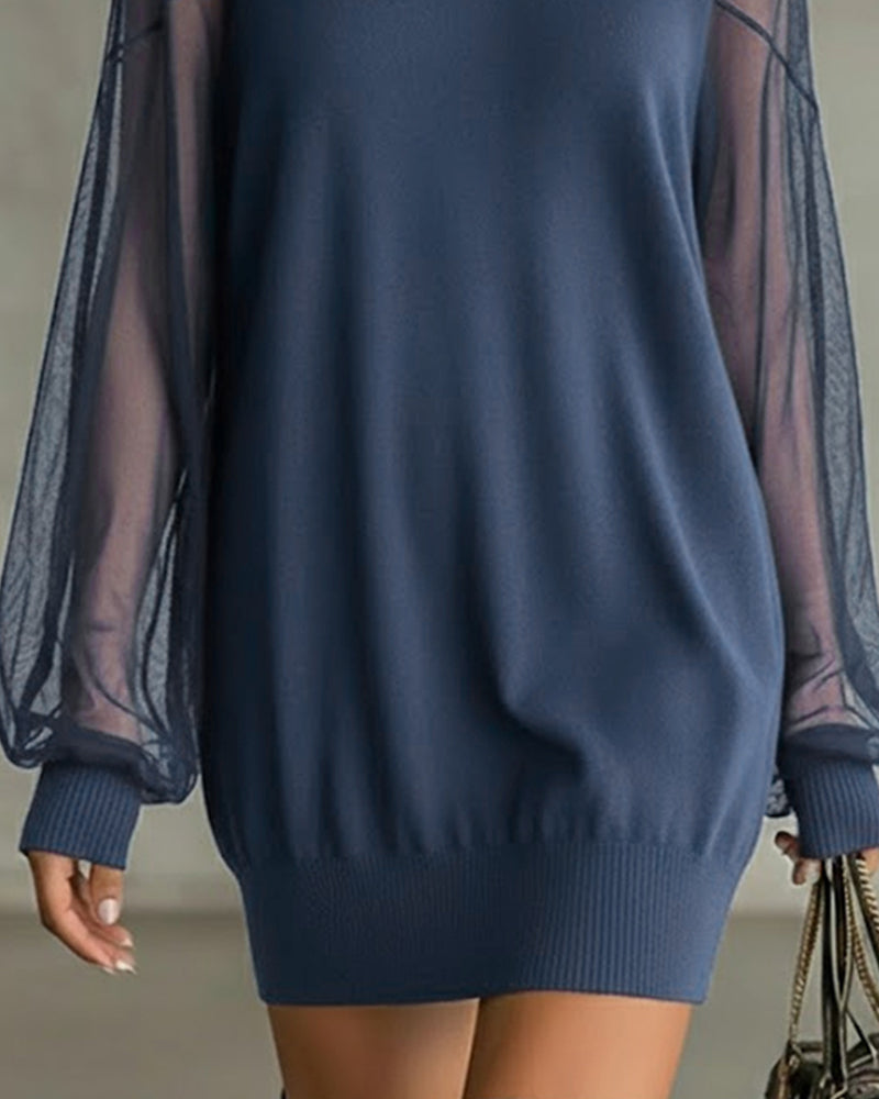 Lantern Sleeve Solid Color Patchwork Dress