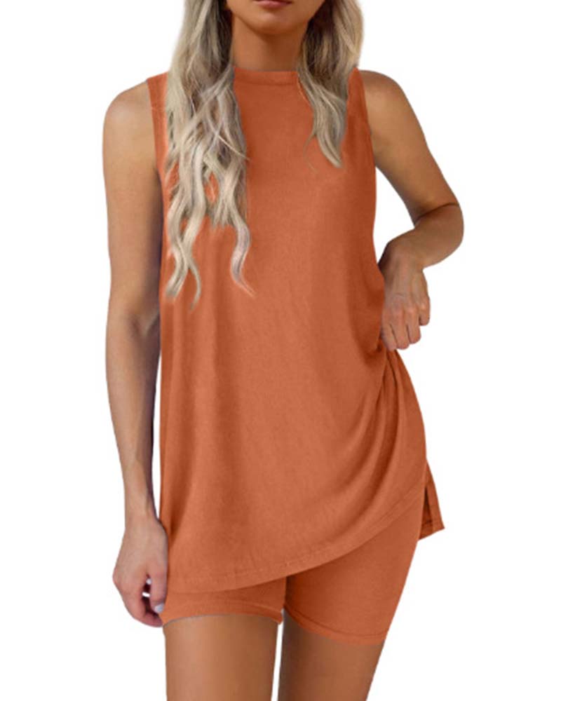 Sleeveless Top And Shorts Solid Color Set