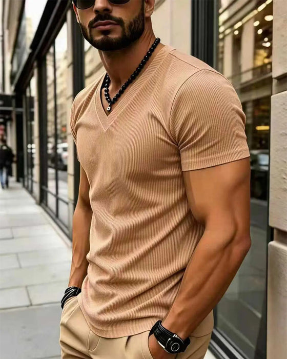 V-Neck Ribbed Solid Color Men's T-Shirt