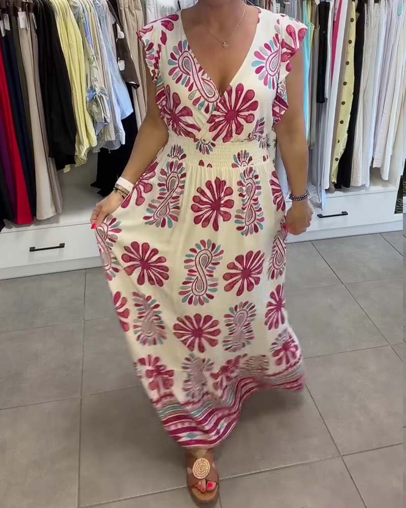 Floral Waist-Cinch Flutter-Sleeve Vacation Maxi Dress