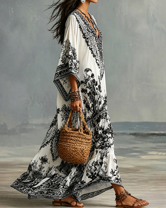 V-Neck Bohemian Flared Asymmetric Dress