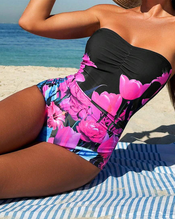 Bandeau Floral Print One-Piece Swimsuit