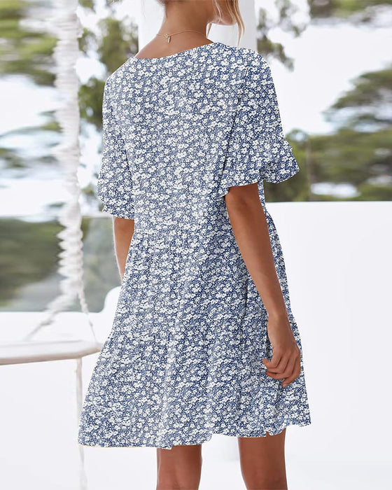Ruffled sleeves V-neck floral print dress
