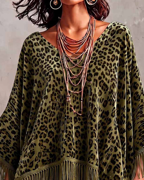 Batwing Fringe Leopard Print Loose Velvet Blouse