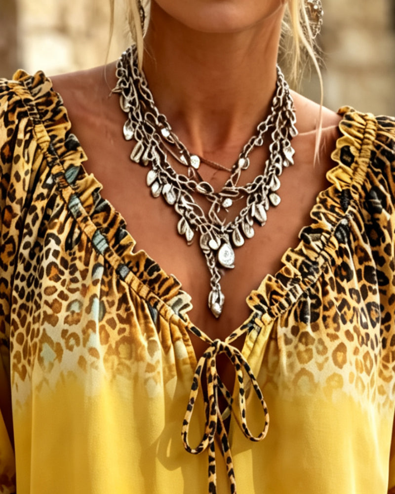 V-Neck Leopard Print Lace-Up Blouse