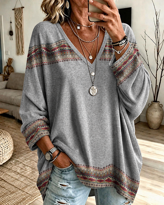 V-Neck Printed Contrasting Long-Sleeved Loose Top
