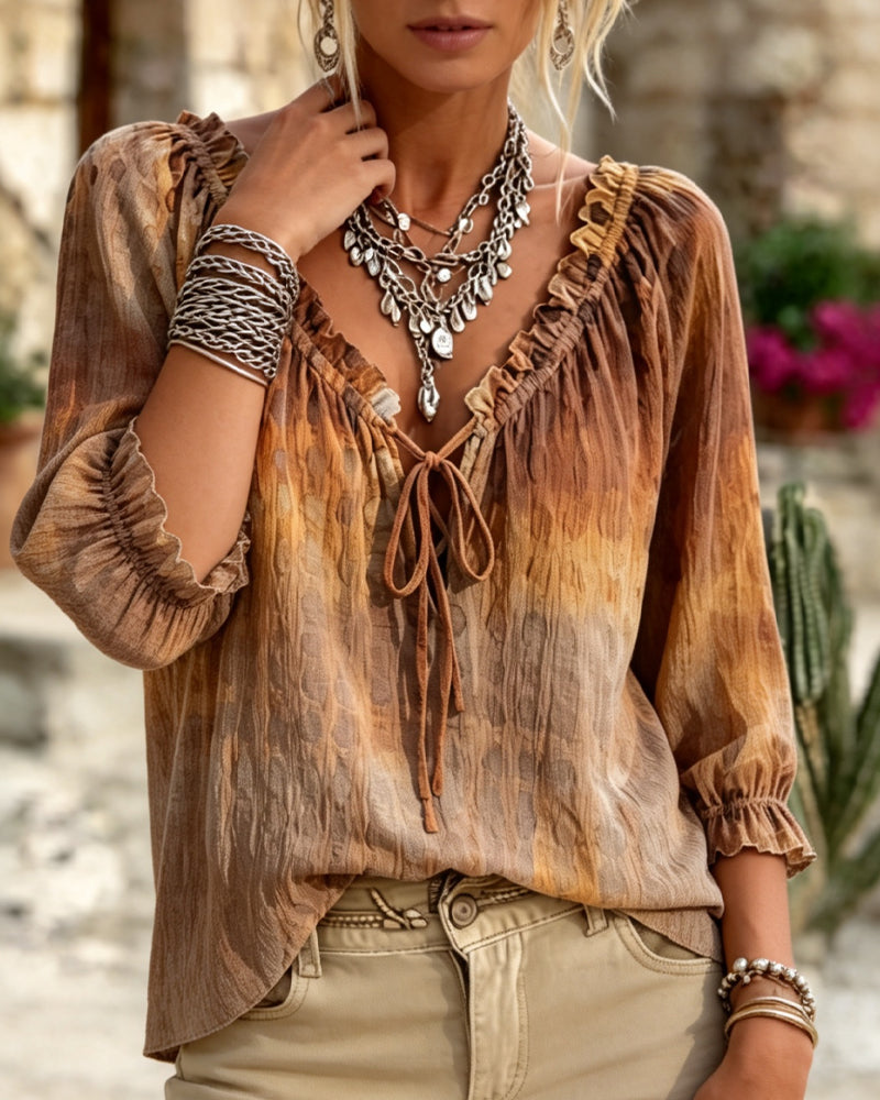 V-Neck Gradient Lace Up Blouse