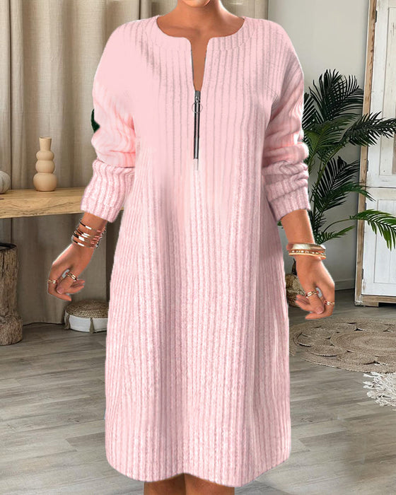 Solid Color Zipper Neck Dress