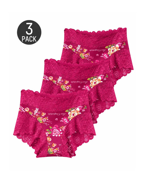 3-Pack High Waist Floral Print Lace Trim Panties