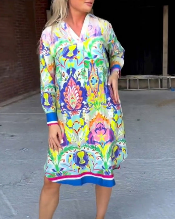 Printed Loose V-Neck Dress