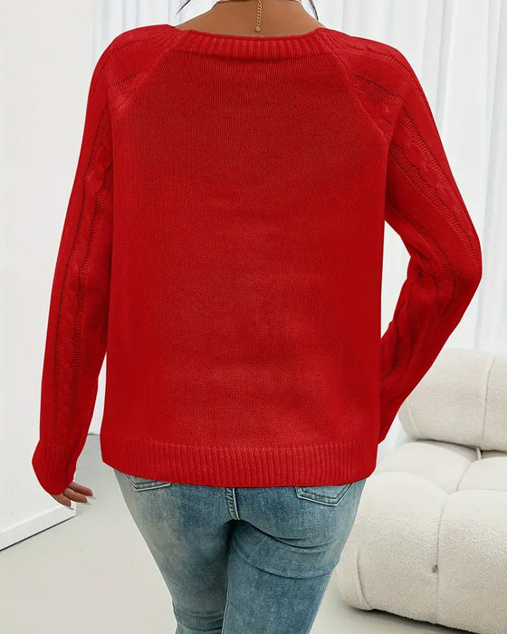 Solid Raglan Sleeve Buckle Cable Knit Jumper