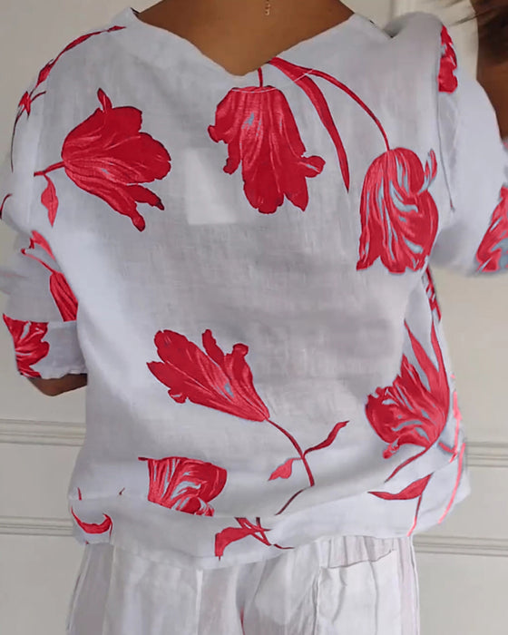 Floral print cotton and linen button-down top