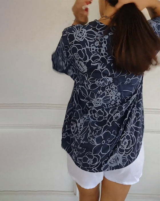 V-Neck Button-Down Printed Blouse