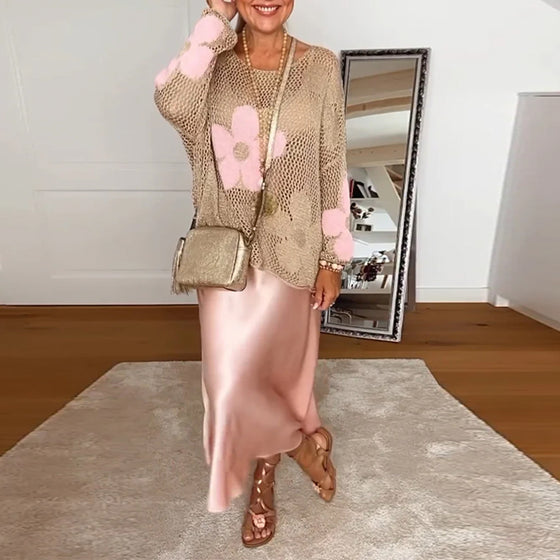 Casual floral round neck long sleeve hollow pullover