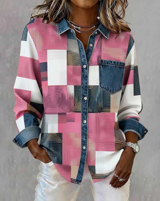 Color Block Fashionable Lapel Shirt