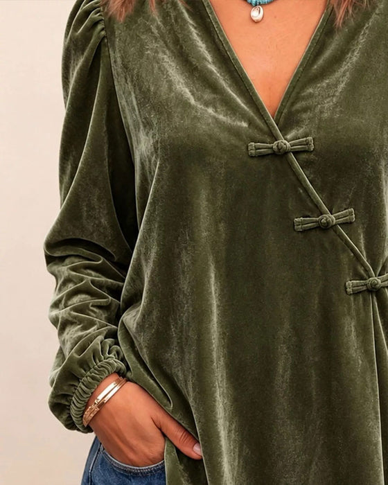 V-Neck Button Front Cross Over Puff Sleeve Blouse