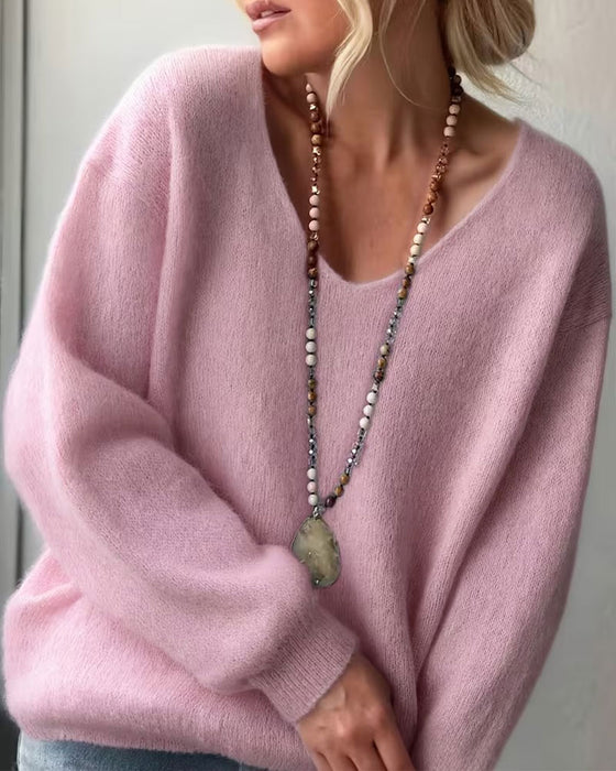 Solid Color V-Neck Dropped Shoulder Pullover