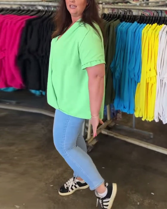 V-neck ruffle trim solid color casual blouse