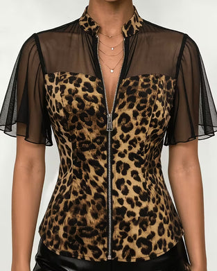Leopard Patchwork Mandarin Collar Zip Blouse