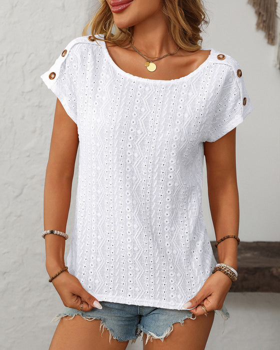 Round Neck Button Cutout Short Sleeve Blouse