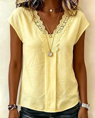 V-Neck Lace Patchwork Casual Blouse