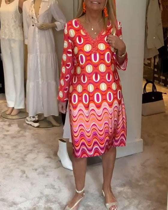 Casual loose printed V-neck long-sleeve dress