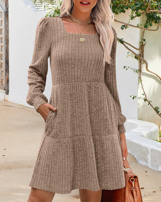 🍂2025 Autumn New Style⏰Women's Square Neck Lantern Sleeve Ribbed Dress
