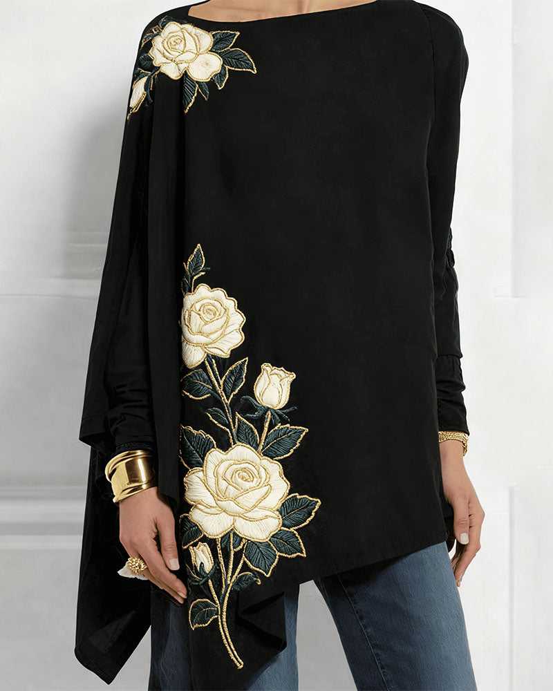 Vintage Rose Embroidery Style Printed Top