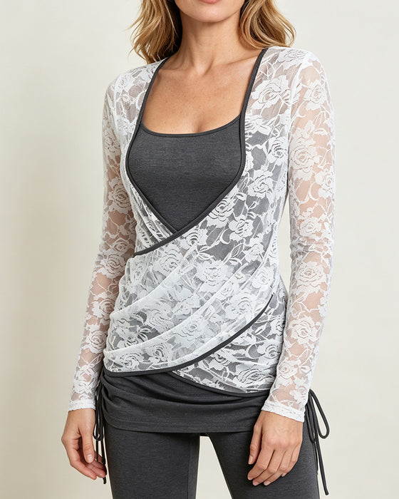 Cross Over Lace Panel Tie Front Slim Blouse