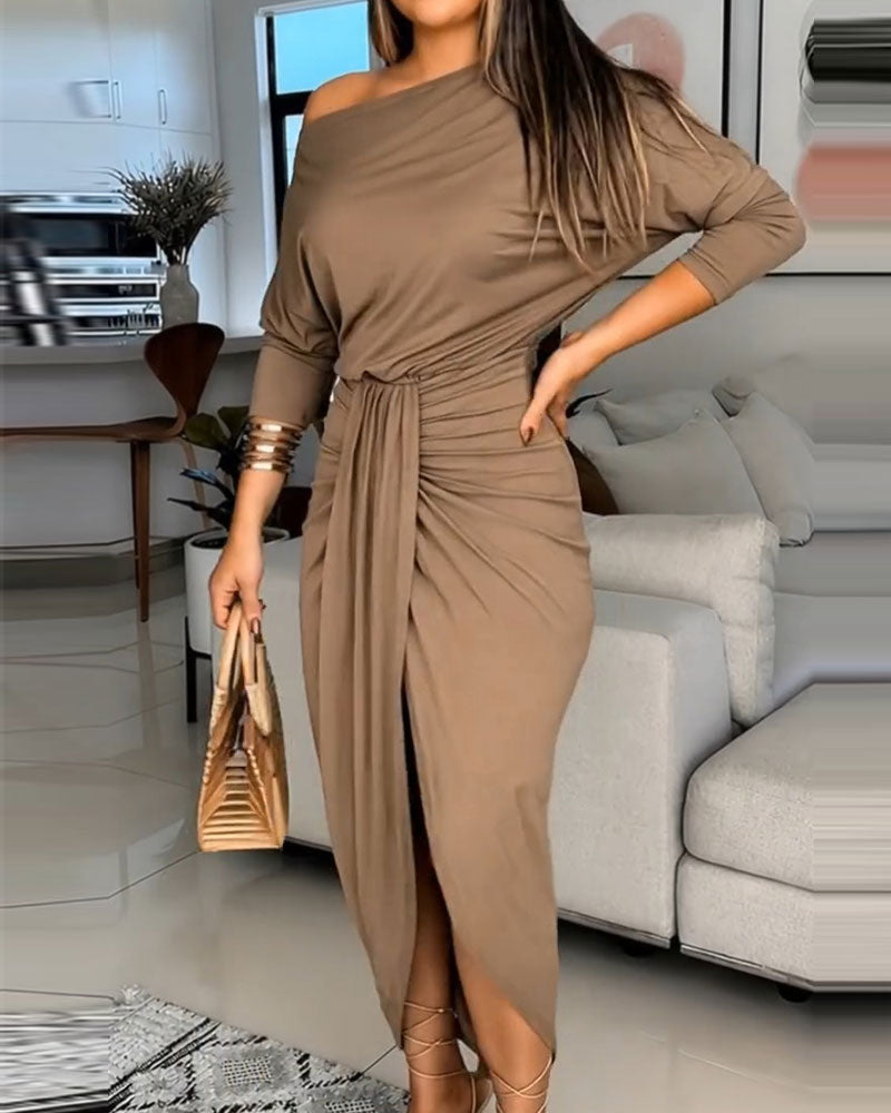One-Shoulder Batwing Sleeve High Waist Slit Dress