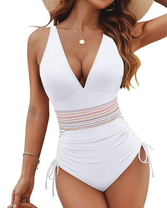 Women Tummy Control Drawstring One Piece Slimming Modest Swimsuit