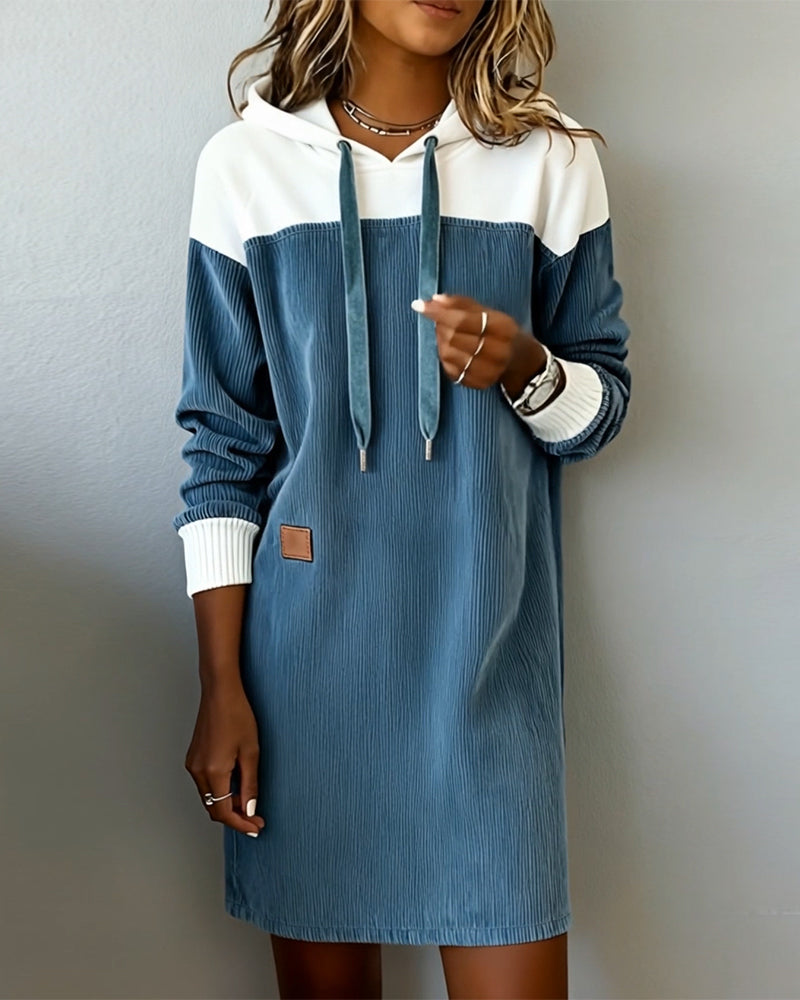 Hooded Color-Blocked Corduroy Dress