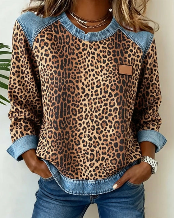 Leopard Print Denim Patchwork Sweatshirt