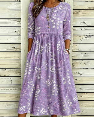 Crew Neck Leaf Print Fitted Waist Dress